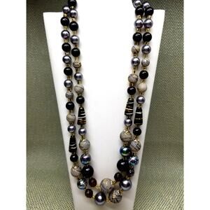 Necklace 2 Strand Black Gray Silver Design Beaded Vintage Marked Japan